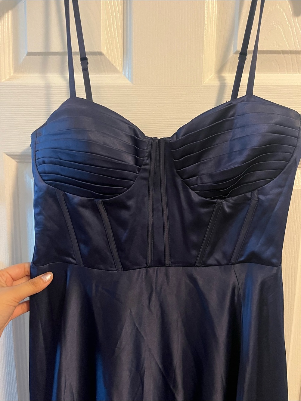 B Darlin Navy Strapless Satin Bustier Dress